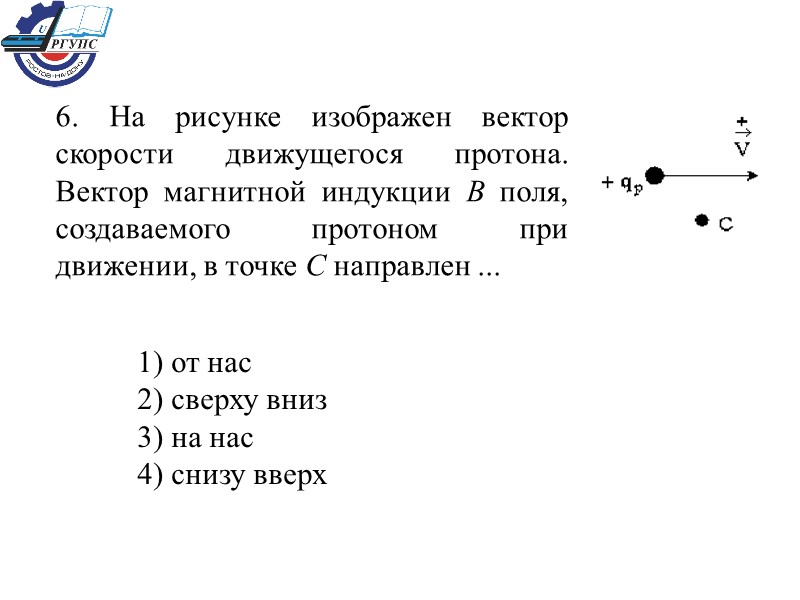 6. На рисунке изображен вектор скорости движущегося протона. Вектор магнитной индукции В поля, создаваемого